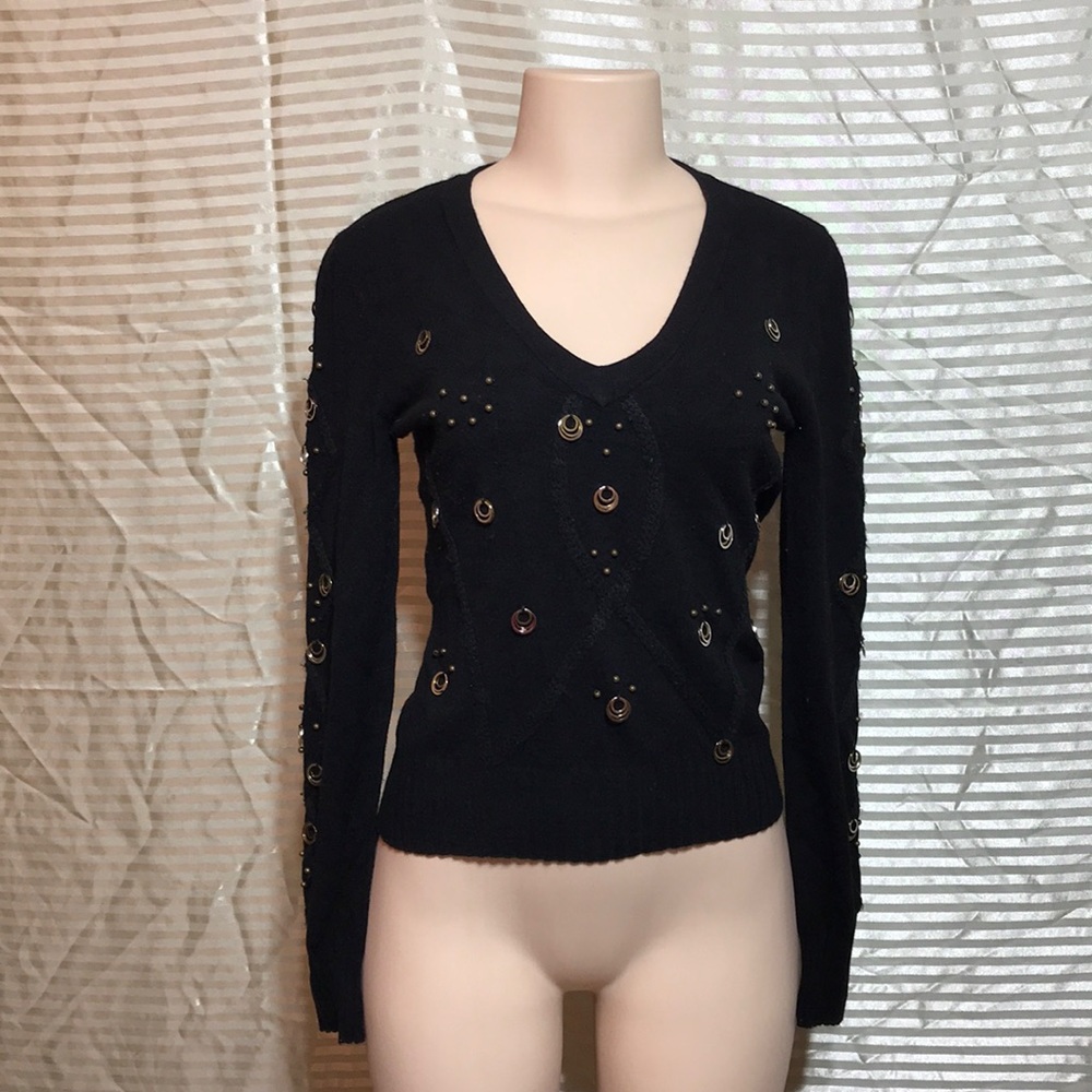 Yuka Embellished Black Sweater T1 Small Bronze Ring Beaded V Neck Gothic Boho